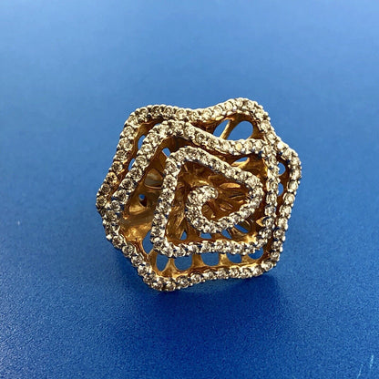 Estate 14K Yellow Gold Diamond Modernist Flower Swirl Statement Cocktail Ring