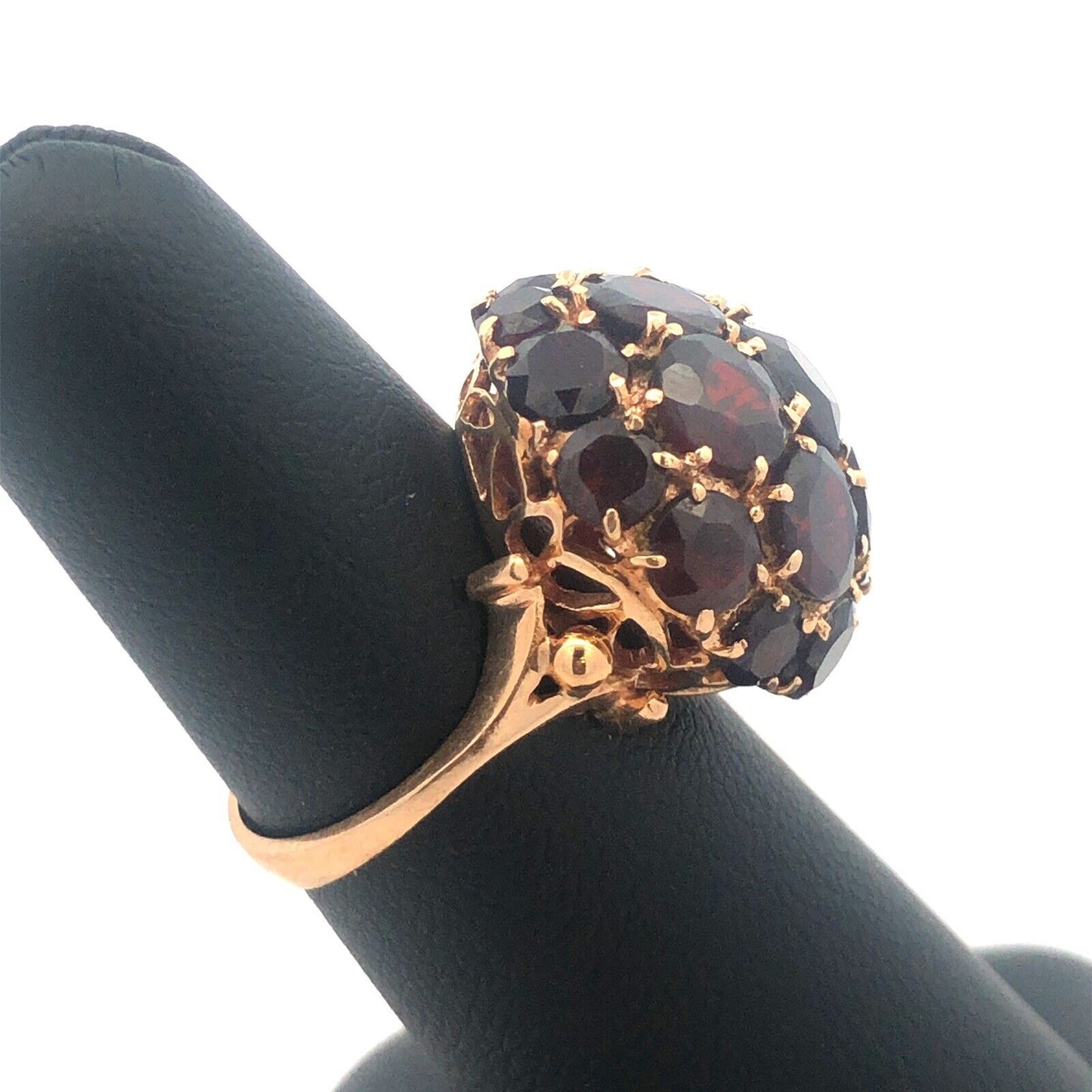 Gorgeous 14k Yellow Gold Round Cut Garnet Dome Cluster Statement Ring Size 6.5