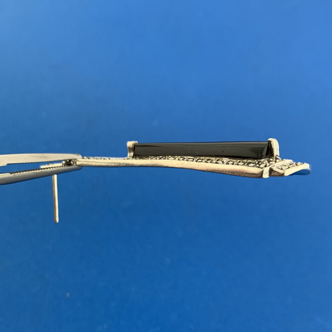 Lovely Sterling Silver 925 Cabochon Black Onyx Marcasite Accent Dangle Earrings