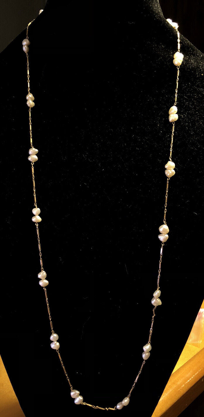Estate 14K Yellow Gold White Pearl Beaded Bar Link Chain Layering Necklace