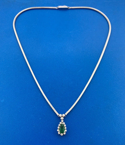 Gorgeous 18k White Gold Pear Cut Emerald Diamond Round Accent 16" Chain Necklace