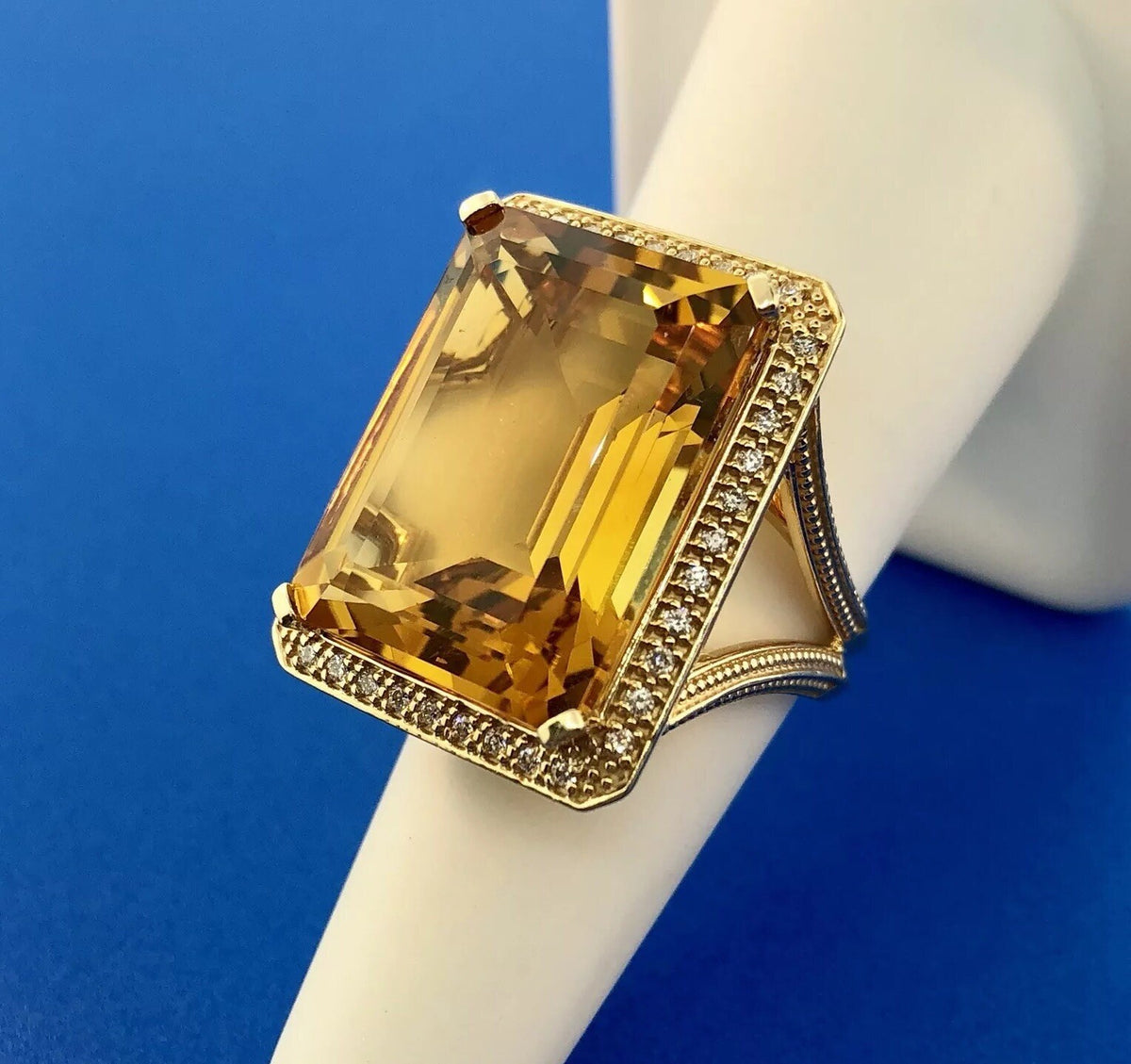 Dramatic 14K Yellow Gold Citrine Diamond Halo November Anniversary Dinner Ring