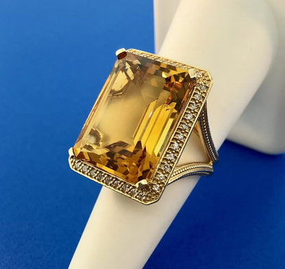 Dramatic 14K Yellow Gold Citrine Diamond Halo November Anniversary Dinner Ring