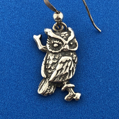 Stunning Sterling Silver 925 Detailed Night Owl Bird Dangle Hook Earring