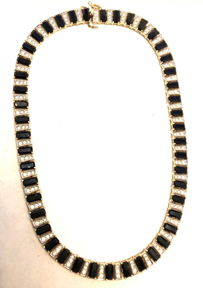 Gold Tone Black Onyx Rhinestone Collar Statement Necklace