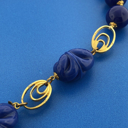 Mid Century Miriam Haskell Cobalt Blue Lucite Beads Gold Tone Statement Necklace