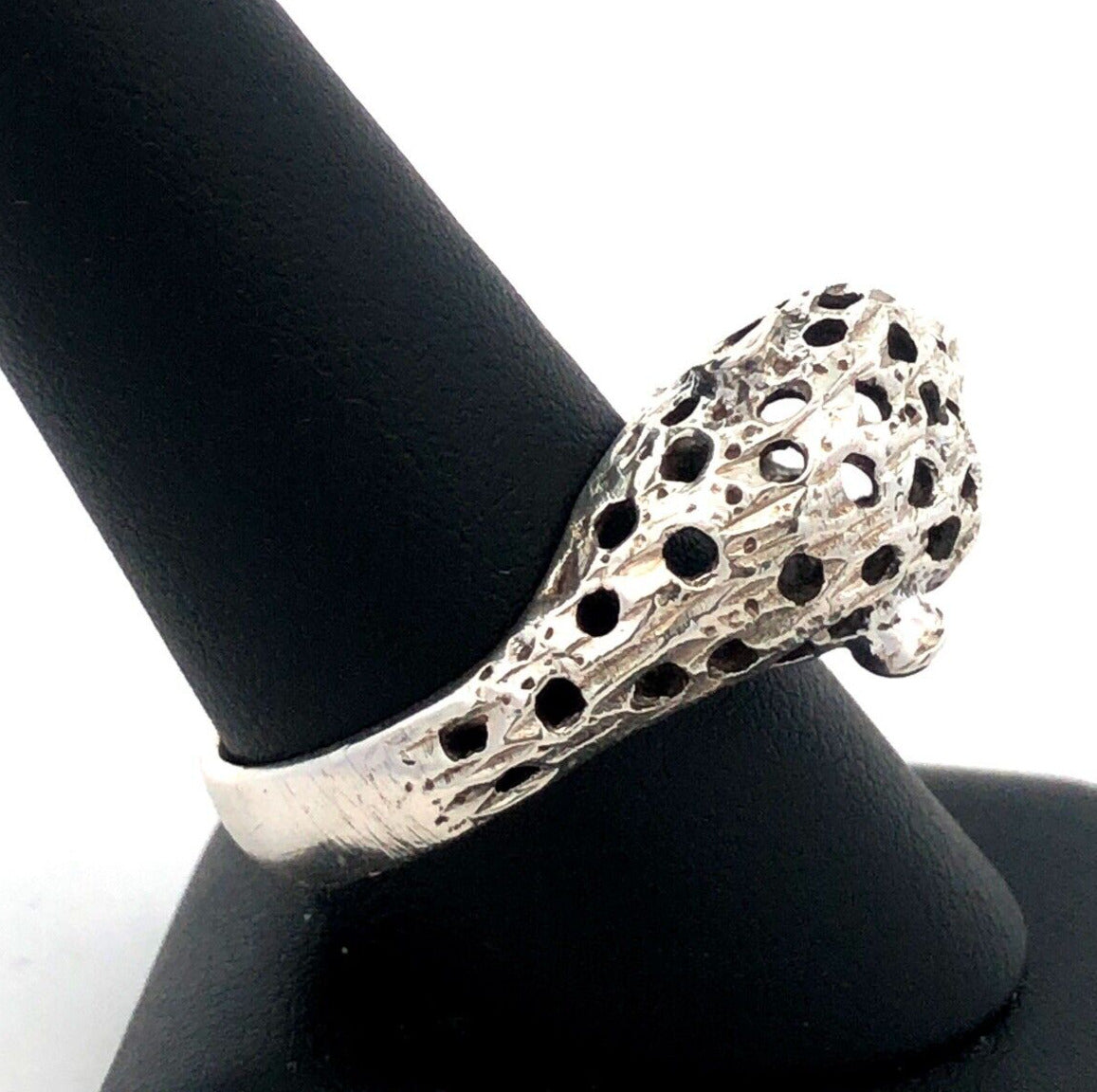 Vintage Mexico 925 Sterling Silver Cheetah Jaguar Cat Head Statement Ring