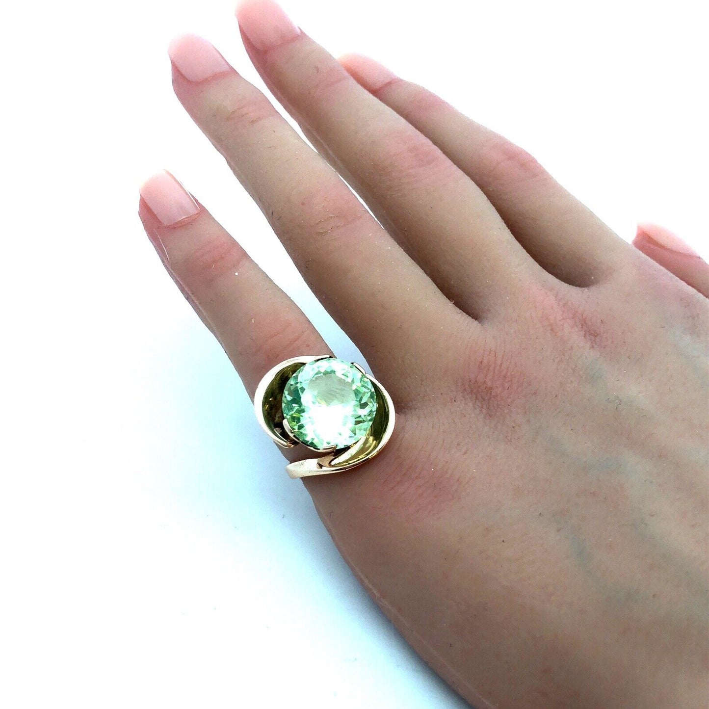 Custom 14K Yellow Gold Round Green Amethyst/Prasiolite Modernist Statement Ring