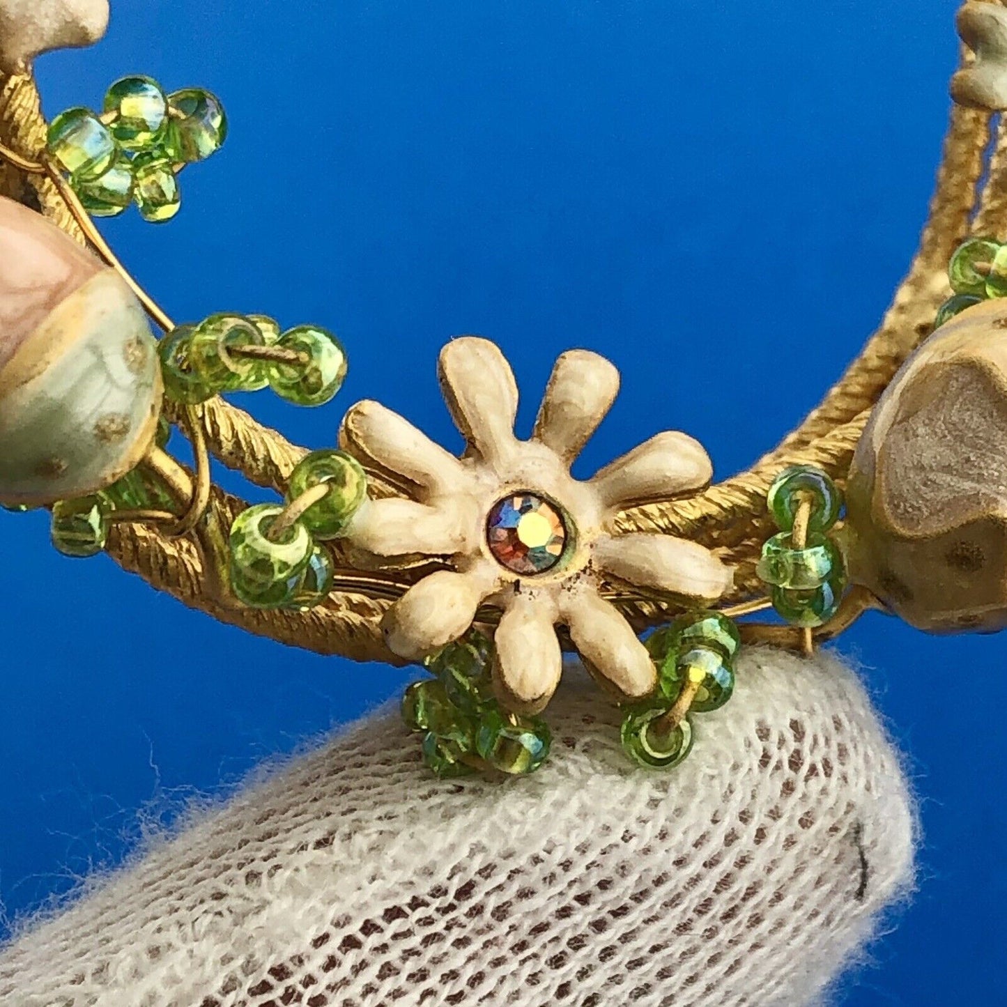 Gorgeous Gold Toned Rhinestone Glass Spring Easter Floral Wreath Pin Brooch