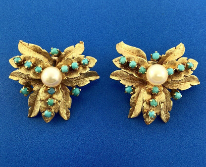 Vintage 14K Yellow Gold Pearl Turquoise Leaf Design Statement Clip Earrings