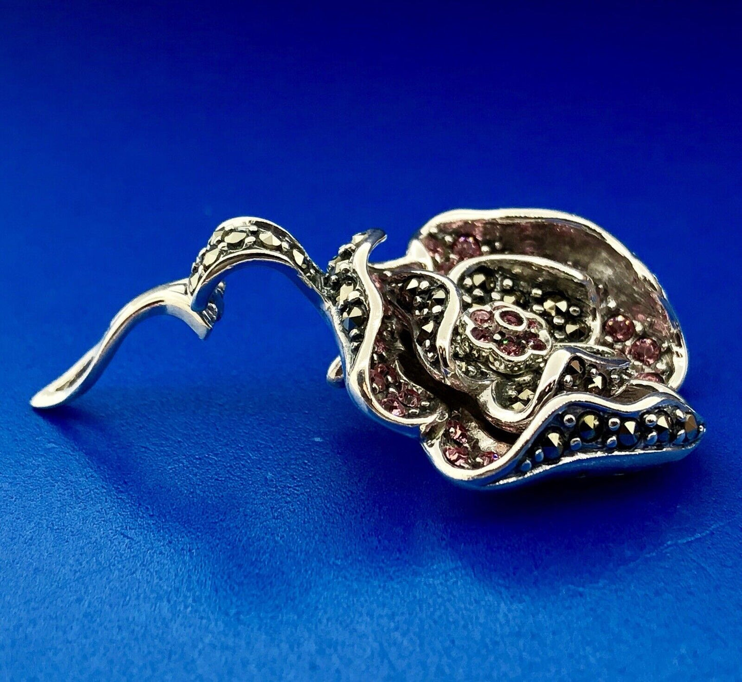 Designer Sterling Silver Pink Cubic Zirconia Marcasite Flower Enhancer Pendant