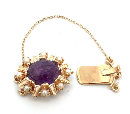 Estate 14K Yellow Gold Oval Carved Amethyst Scarab Pearl Slide Bracelet Clasp