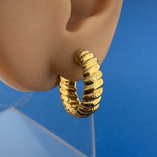 Designer 14K Yellow Gold Florentine Polished Ribbed Classic Hoop Earrings