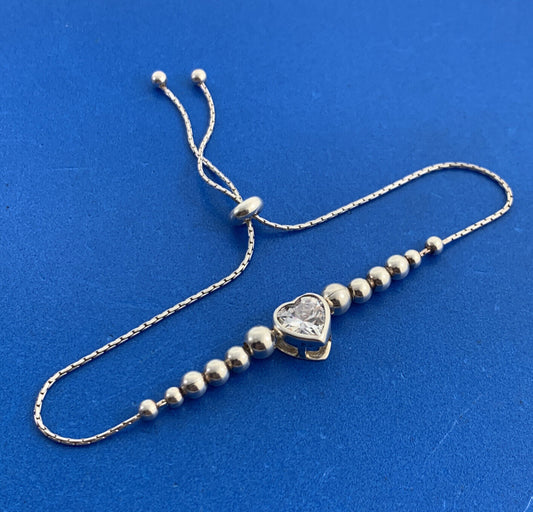 Cubic Zirconia Heart Charm 925 Sterling Silver Beaded Adjustable Bracelet