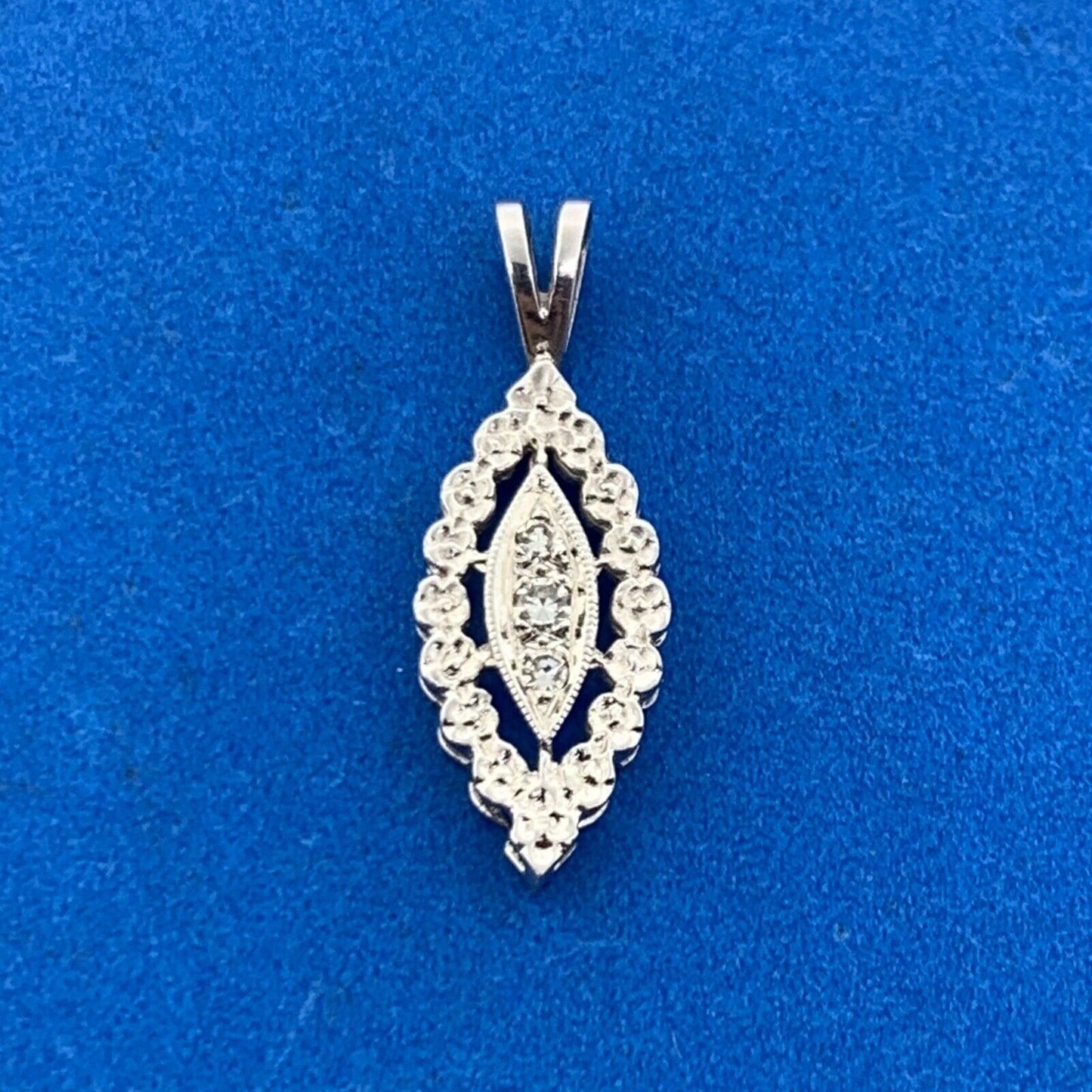 Vintage 14K White Gold Round Diamond Trio Marquise Shaped Pendant