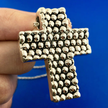 Sterling Silver 925 Intaglio Beaded Cross Religious Communion Pendant Necklace