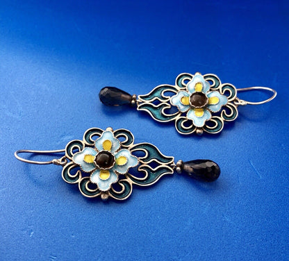 Designer BJ Sterling Silver 925 Smoky Topaz Enamel Floral Scroll Dangle Earrings