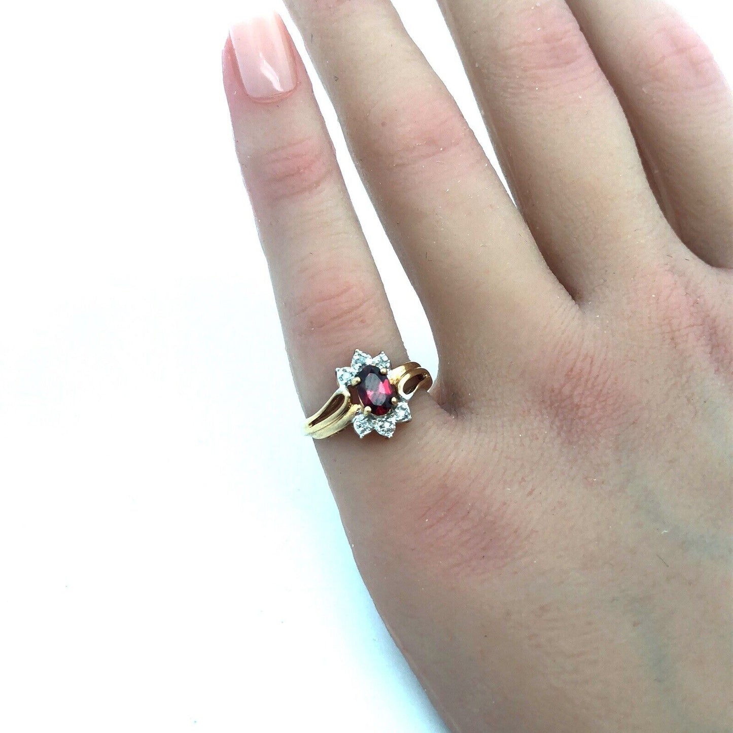 Designer 10K Yellow Gold Garnet Oval Diamond Accented January Anniversary Ring