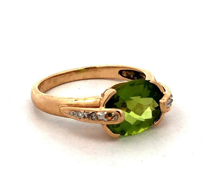 Designer MEDA 14K Yellow Gold Oval Green Peridot Diamond August Birthstone Ring