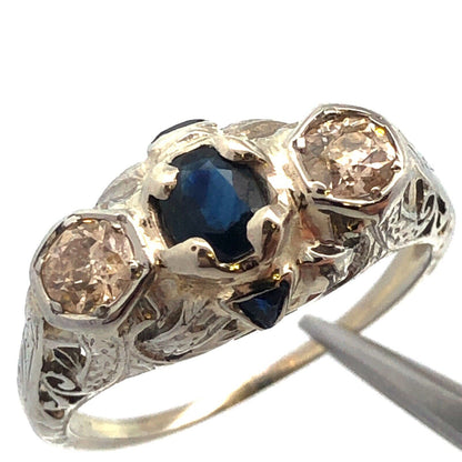 Vintage Platinum Oval Sapphire Round Diamond Trio Filigree Engagement Ring
