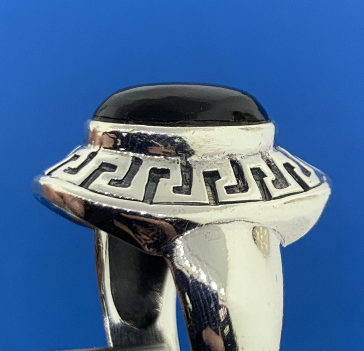 Designer 925 Sterling Silver Oval Black Onyx Cabochon Greek Etched Halo Ring