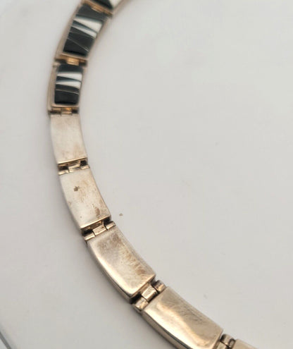 Navajo Calvin Begay Sterling Silver Black Onyx White Agate Cabochon Necklace