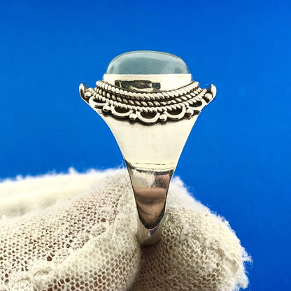 Estate 925 Sterling Silver Oval Blue Opal Filigree Beadwork Finger Ring