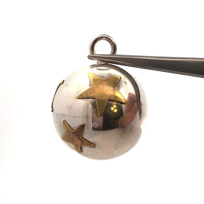 800 Fine Silver Brass Vintage Designer Moon Stars Baby Ball Bell Rattler Pendant