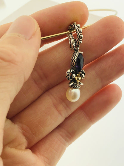 Barbara Bixby 18K Gold Sterling Silver Pearl Amethyst Drop Enhancer Pendant S173