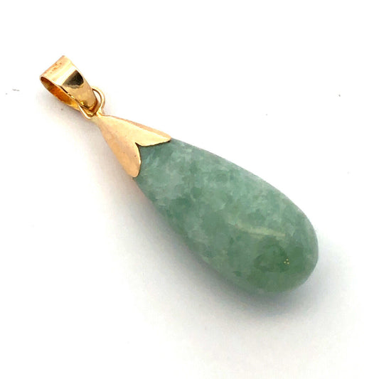 Estate 14K Yellow Gold Teardrop Light Green Jade Pendant