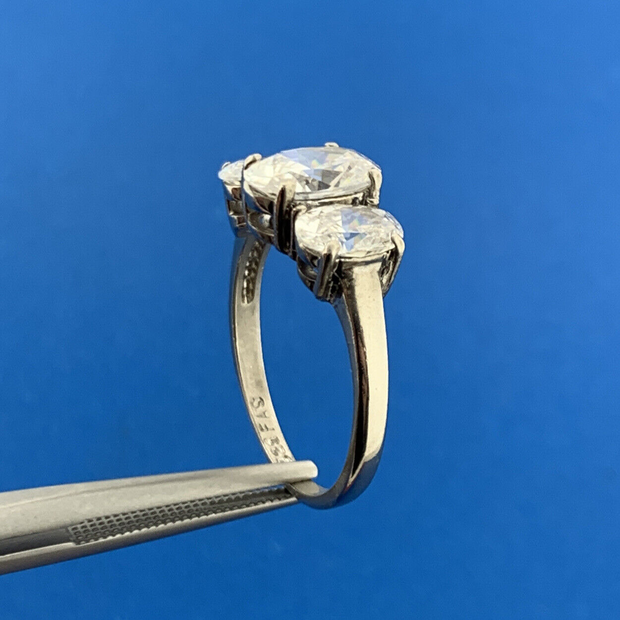 Designer FAS Sterling Silver Cubic Zirconia Oval Trio Anniversary Cocktail Ring