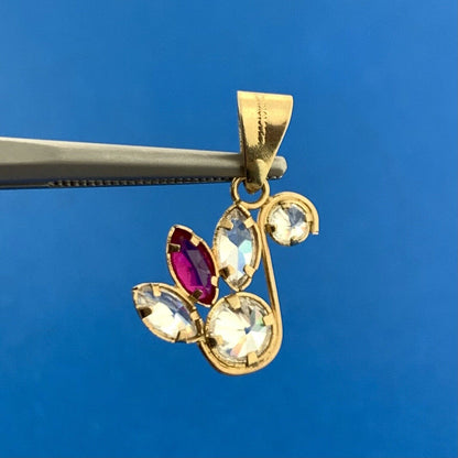 Vintage Mexico 10K Yellow Gold Ruby White Topaz Modernist Floral Dangle Pendant