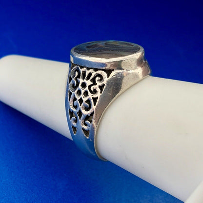 Designer NF 925 Sterling Silver Abalone Shell Cabochon Open Scroll Dome Ring