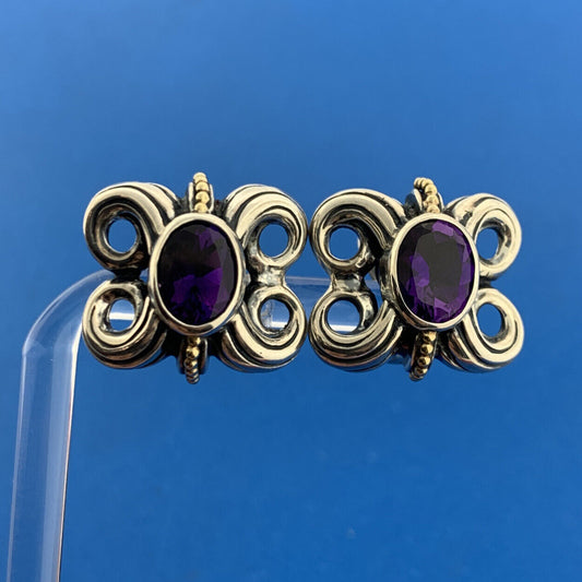 Lagos Caviar 925 Sterling Silver 18K Gold Amethyst Butterfly Omega Back Earrings