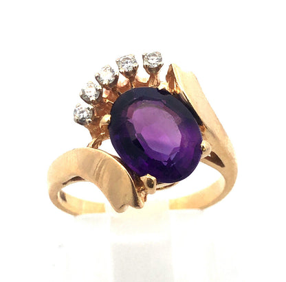 DACG 14k Yellow Gold Oval Cut Amethyst Diamond Crown Bypass Ring Size 6.5