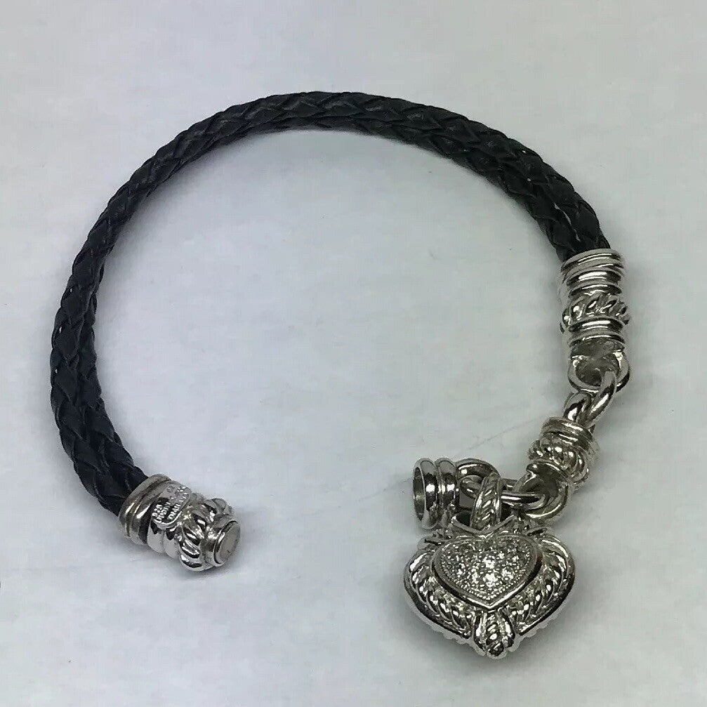 Judith Ripka Sterling Silver 925 Diamonique CZ Heart Charm Leather Bracelet