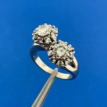 Vintage 18K White Gold Diamond Duo W/Halo Statement Bypass Ring