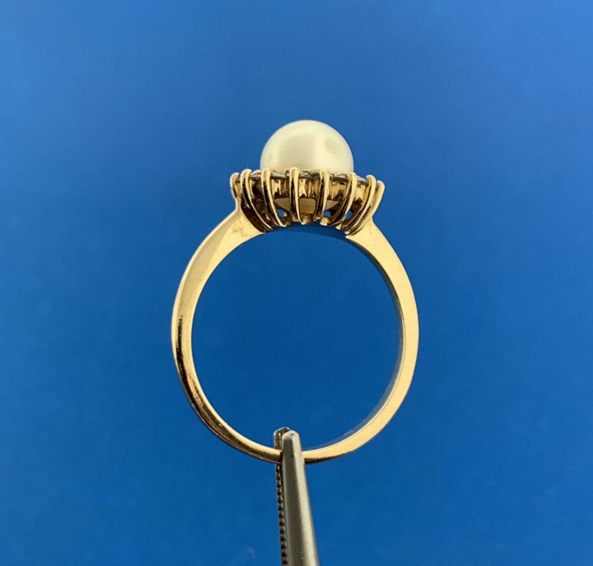 Designer 14K Yellow Gold Pearl Solitaire Diamond Halo June Anniversary Ring