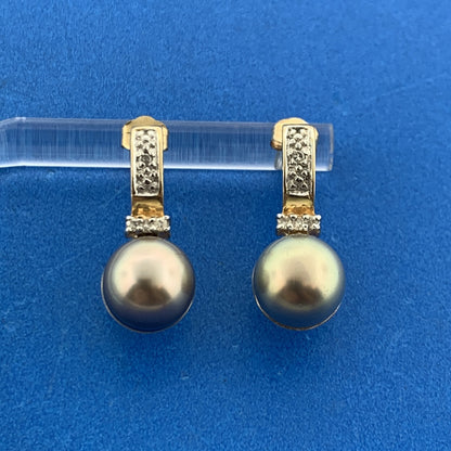 Designer 14k Yellow Gold Gray Pearl Round Diamond Accent Drop Stud Earrings