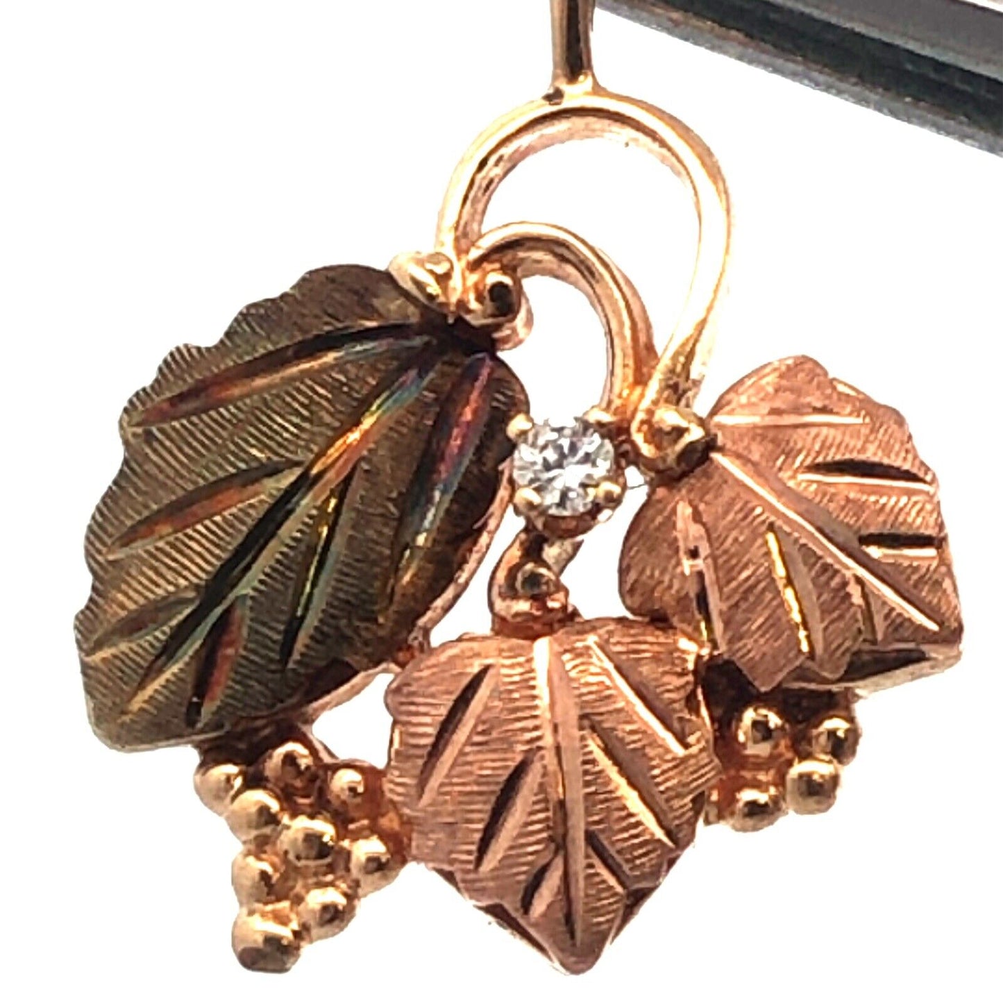 Retro 10K Yellow Rose Gold Two Toned Diamond Vine Grape Leaves Design Pendant