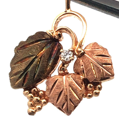 Retro 10K Yellow Rose Gold Two Toned Diamond Vine Grape Leaves Design Pendant