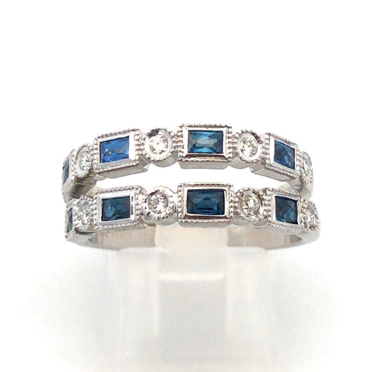 18K White Gold Emerald Cut Sapphire Round Diamond Stackable Anniversary Ring