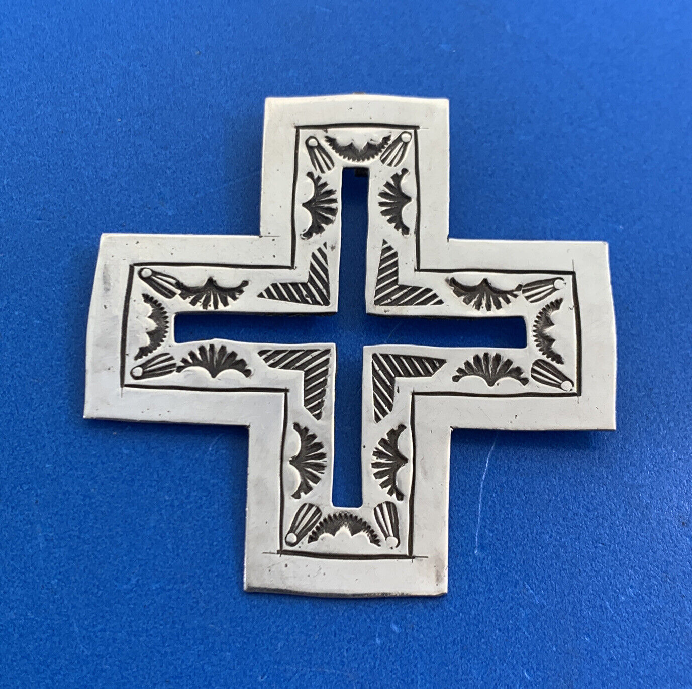 Native American Unsigned Sterling Silver Concho Cutout Statement Cross Pendant