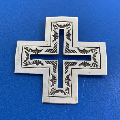 Native American Unsigned Sterling Silver Concho Cutout Statement Cross Pendant