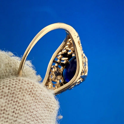 Mid Century 14K Yellow Gold Oval Blue Sapphire Solitaire Filigree Cocktail Ring