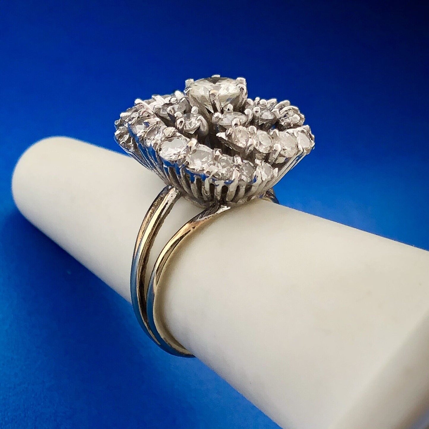 Stunning 14K Yellow Gold Diamond Floral Cluster Rose Statement Anniversary Ring