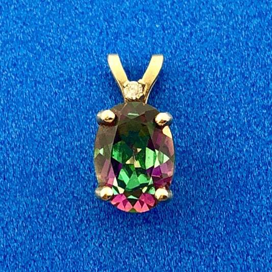 Designer 10k Yellow Gold Oval Mystic Topaz Diamond Accented Pendant