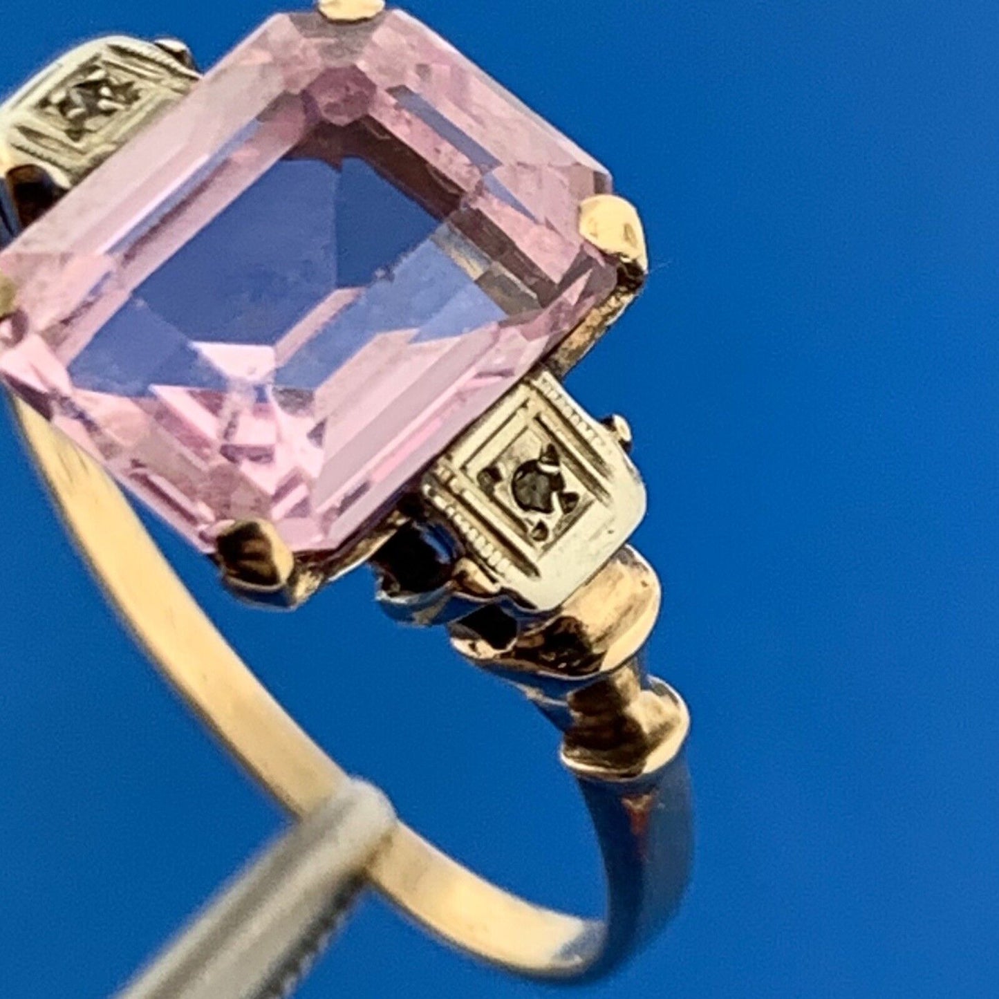 Art Deco 10K Yellow White Gold Pink Solitaire Center Diamond Accent Ring