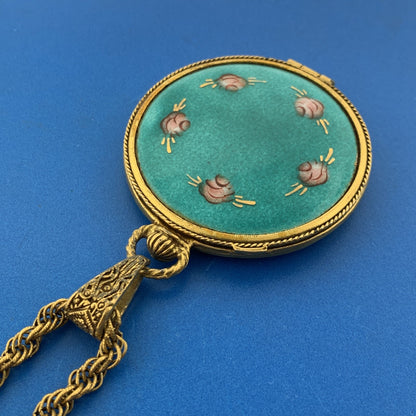Vintage Gold Tone Guilloche Enamel Roses Ladys Compact Statement Necklace