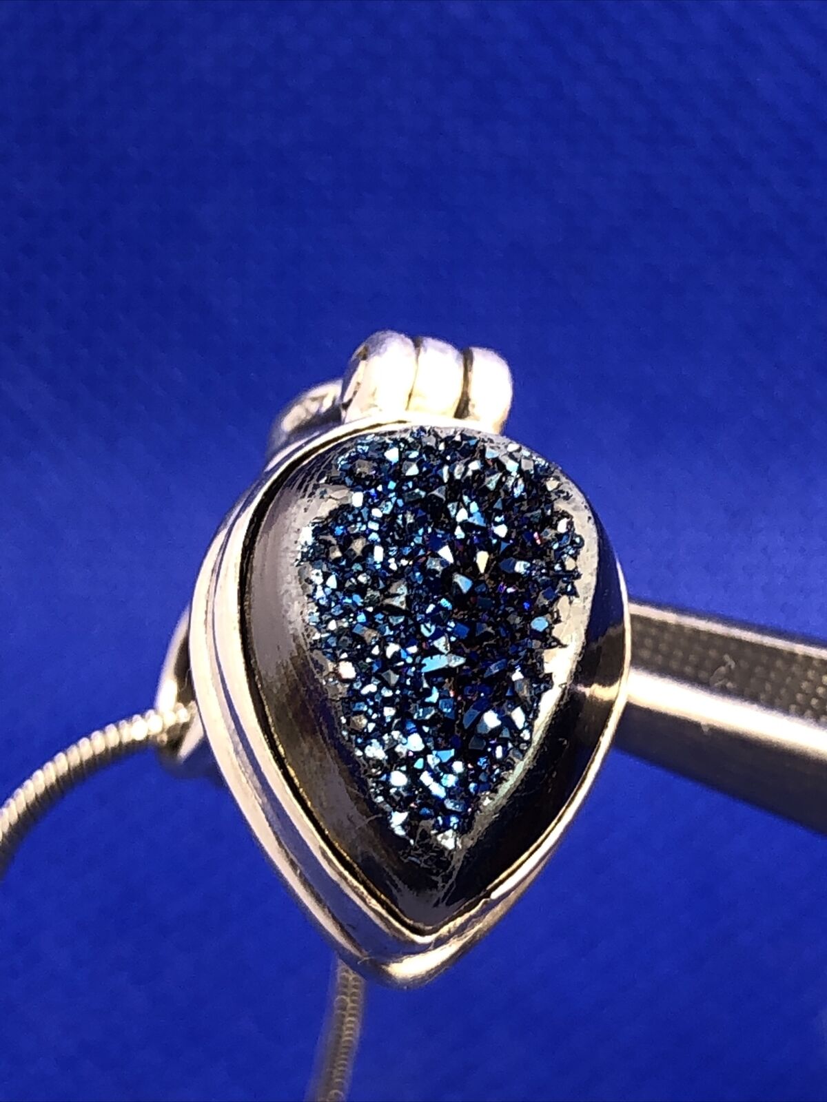 Designer 925 Sterling Silver Pear Druzy Quartz Blue Topaz Pendant Necklace